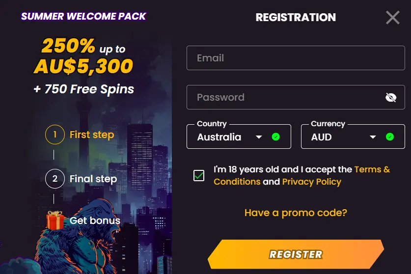 Registration for casino account