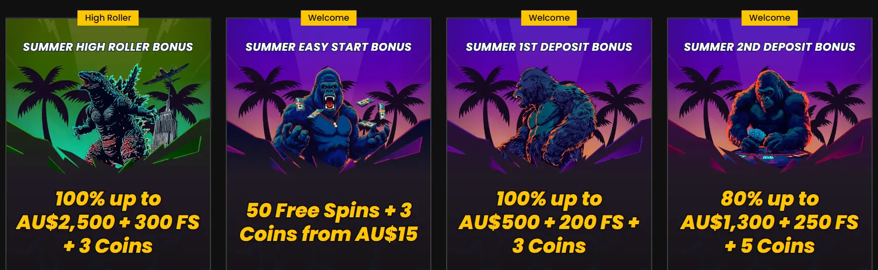 Three first-deposit offers side by side — High Roller, Easy Start and Welcome — each with its match, free spins and coins